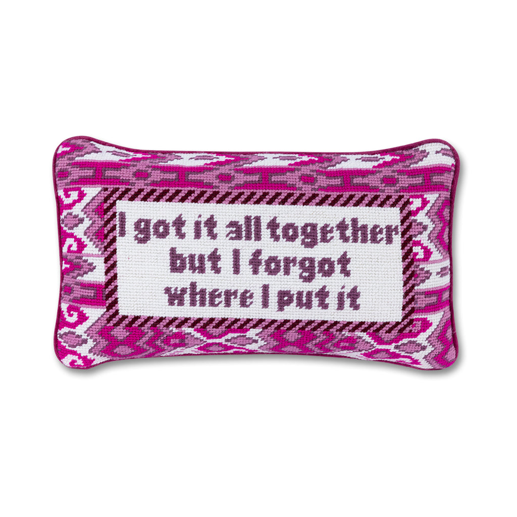 a closer look of a hand embroidered in wool and backed in luxe plum velvet chic needlepoint pillow with "I got it all together but I forgot where I put it" cheeky saying in front