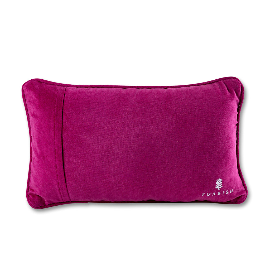 back view of the luxe magenta velvet chic hand needlepoint pillow with a furbish text print and logo located on the bottom right-hand corner of the pillow