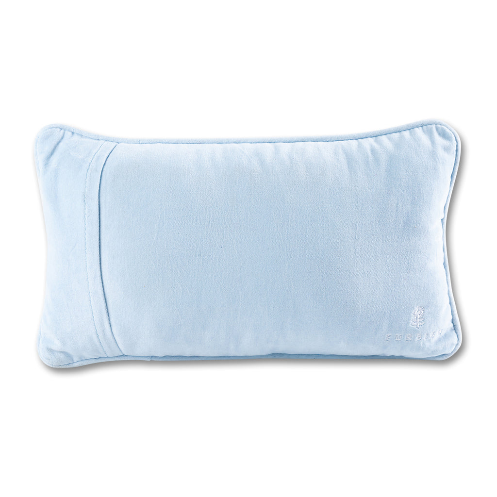back view of the luxe light baby blue velvet chic hand needlepoint pillow with a furbish text print and logo located on the bottom right-hand corner of the pillow