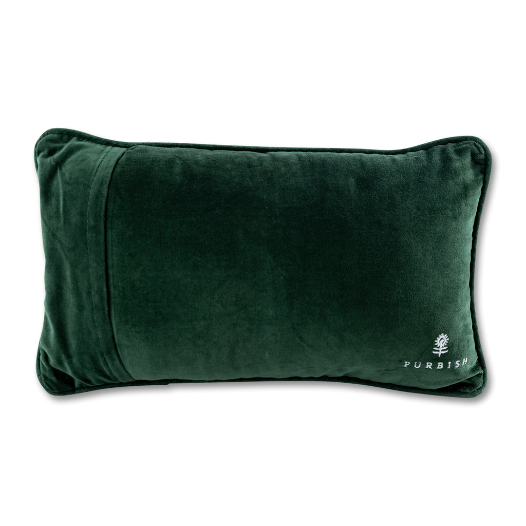 back view of the luxe dark green velvet chic hand needlepoint pillow with a furbish text print and logo located on the bottom right-hand corner of the pillow