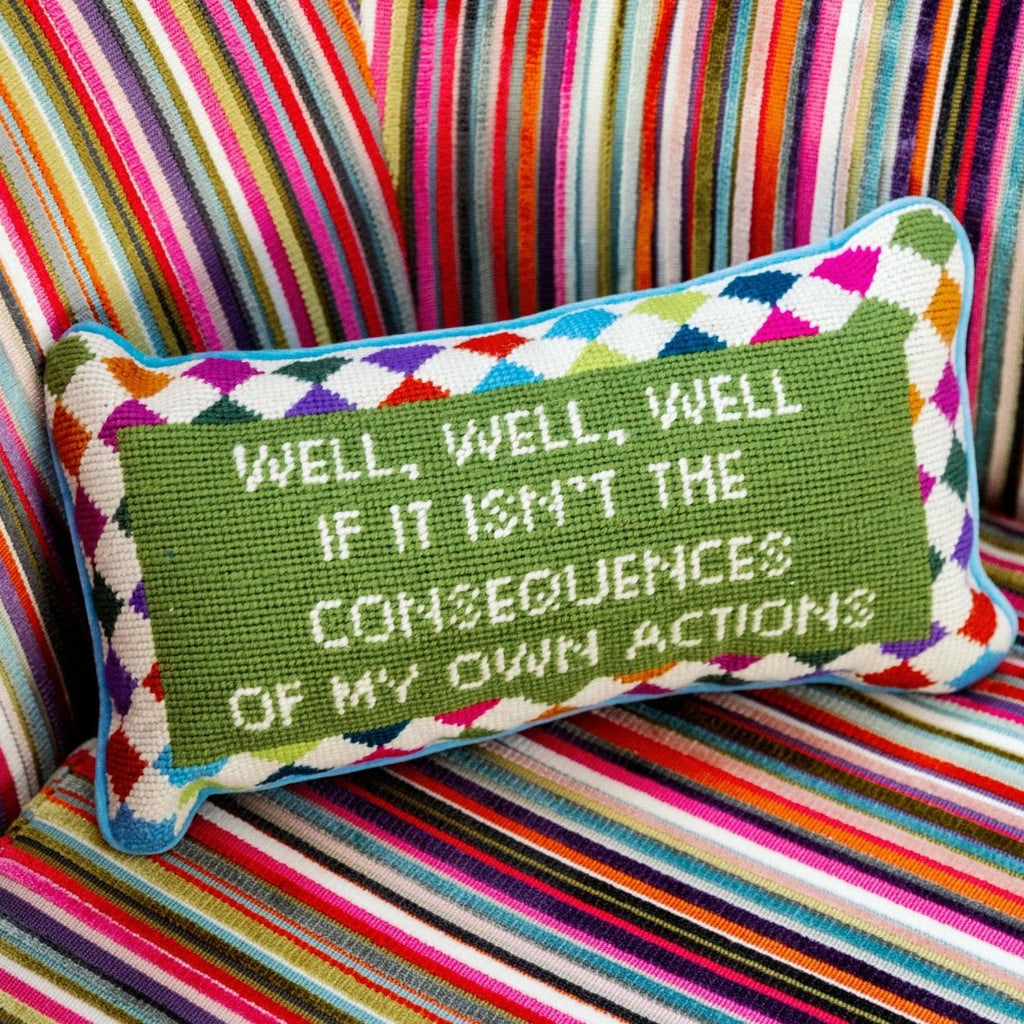 Furbish Studio - Well, Well, Well Needlepoint Pillow - Accountability is hard so use this pillow as a reminder....use this hand made needlepoint pillow decor accessory in a living room, bedroom or library. A fun gift with a cheeky message for that special person in your life. Wool needlepoint pillow front with a luxe velvet back. Measures 8" x 14"