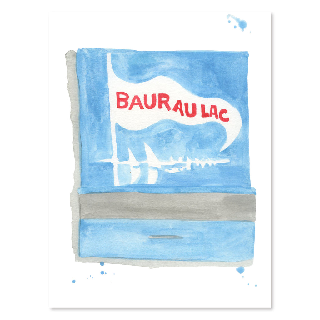 Baur Au Lac Matchbook - Furbish Studio, An unframed Bauraulac matchbook watercolor print featuring sailing boats with a sky blue background color resembling the Bauraulac Hotel's surroundings