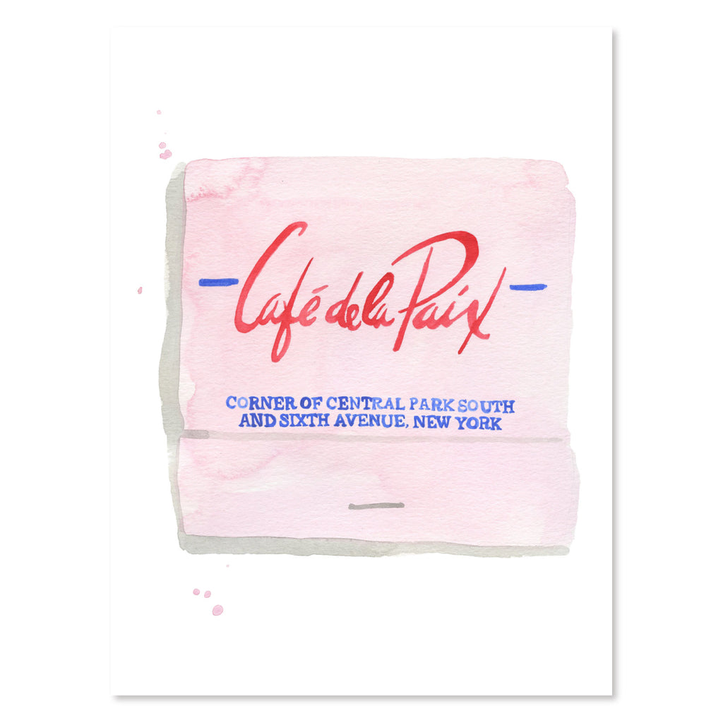 Cafe de la Paix Matchbook - Furbish Studio, An unframed matchbook watercolor print with a red painted "Café de la Paix" and a pink background