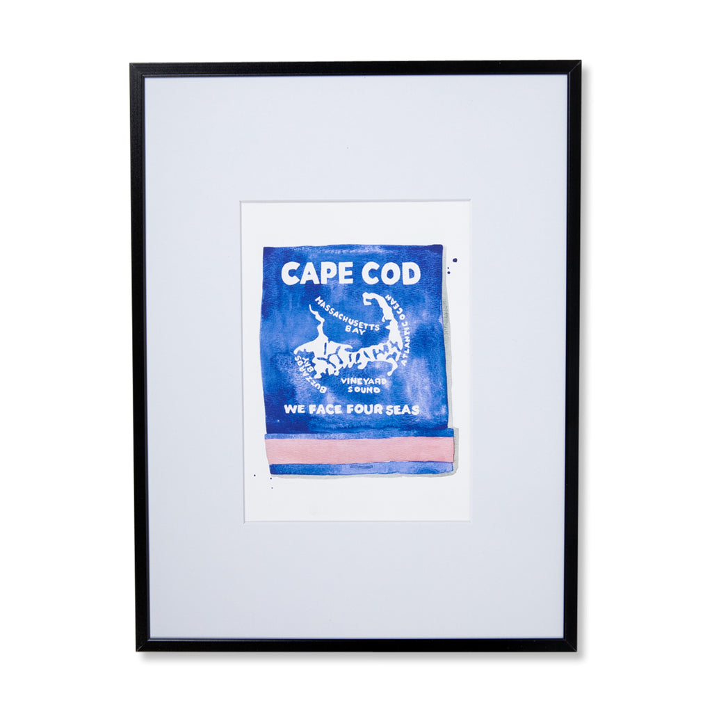 Cape Cod Matchbook - Furbish Studio, Cape Cod Matchbook watercolor print featuring a hook-shaped peninsula of the U.S. state of Massachusetts and the names of four seas painted in white with a blue background in a black  5x7 frame