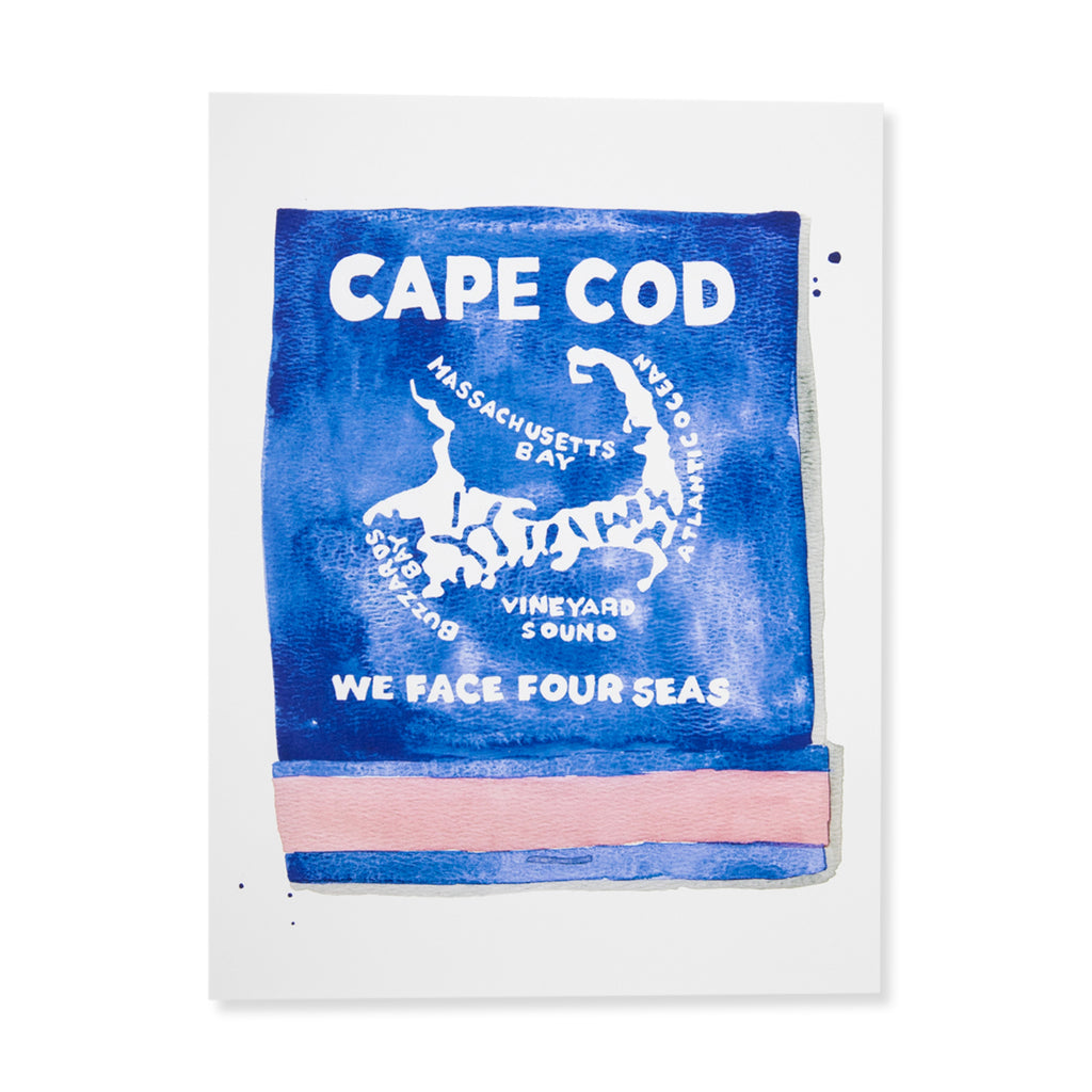 Cape Cod Matchbook - Furbish Studio, An unframed Cape Cod Matchbook watercolor print featuring a hook-shaped peninsula of the U.S. state of Massachusetts and the names of four seas painted in white with a blue background