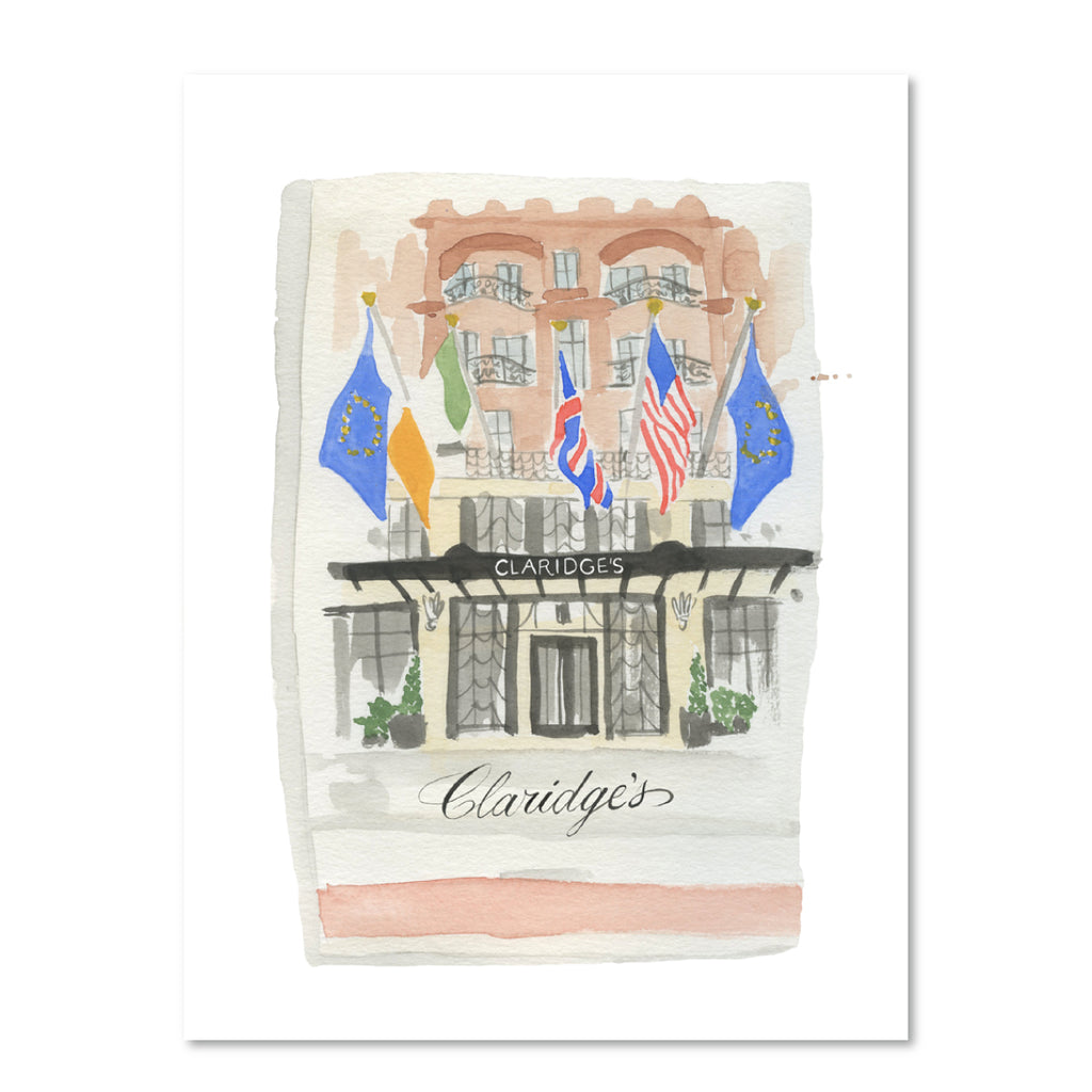 Claridges Matchbook - Furbish Studio, An unframed Claridge's London matchbook watercolor pint illustrating Claridge's hotel with a gray shade background