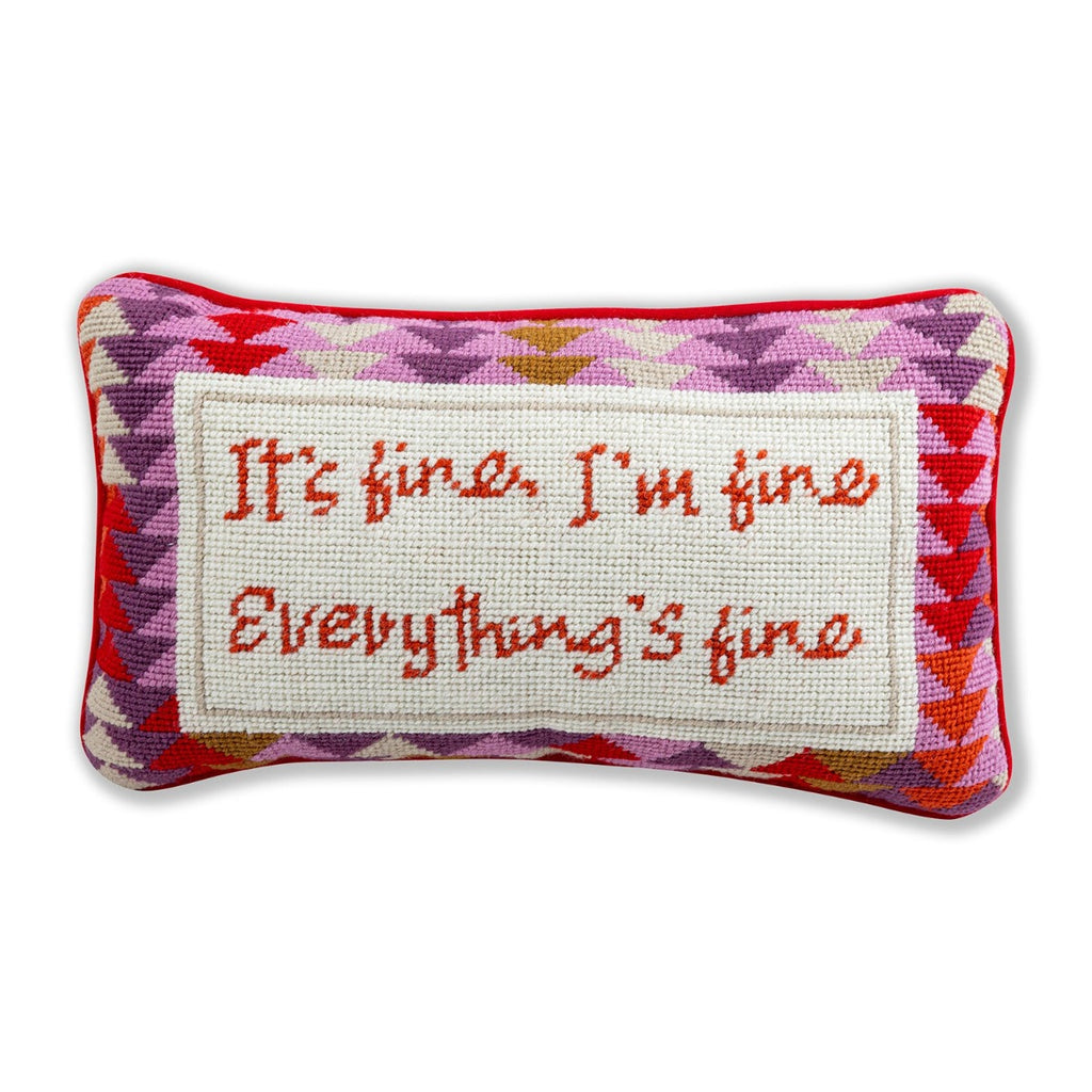 an in-depth view of a hand embroidered in wool and backed in luxe lilac velvet chic needlepoint pillow with "It's fine, I'm fine Everything's fine" cheeky saying in front