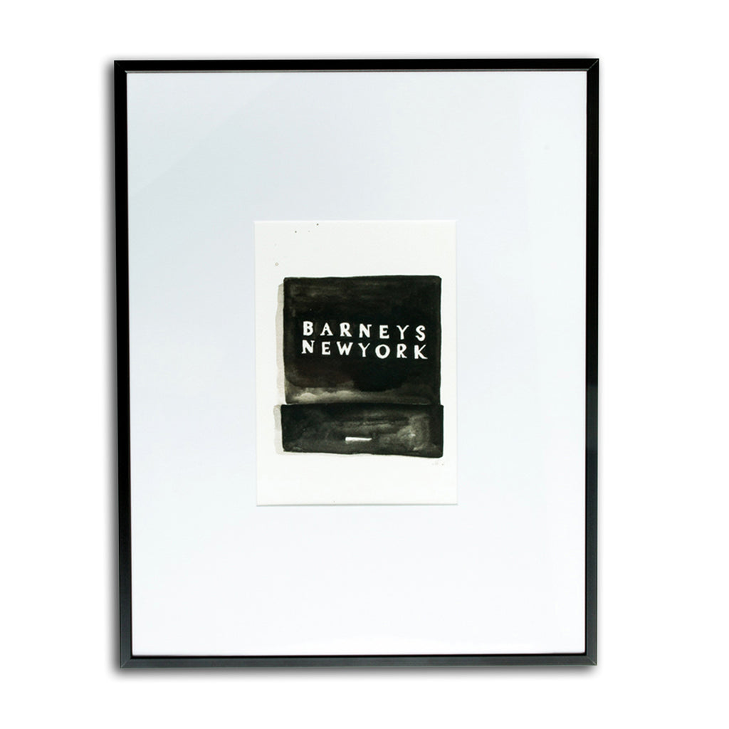 Barneys Matchbook - Furbish Studio, Barney's Newyork matchbook watercolor print that features a pure black background design with a saying "Barney's Newyork" painted in white in a black 5x7 frame