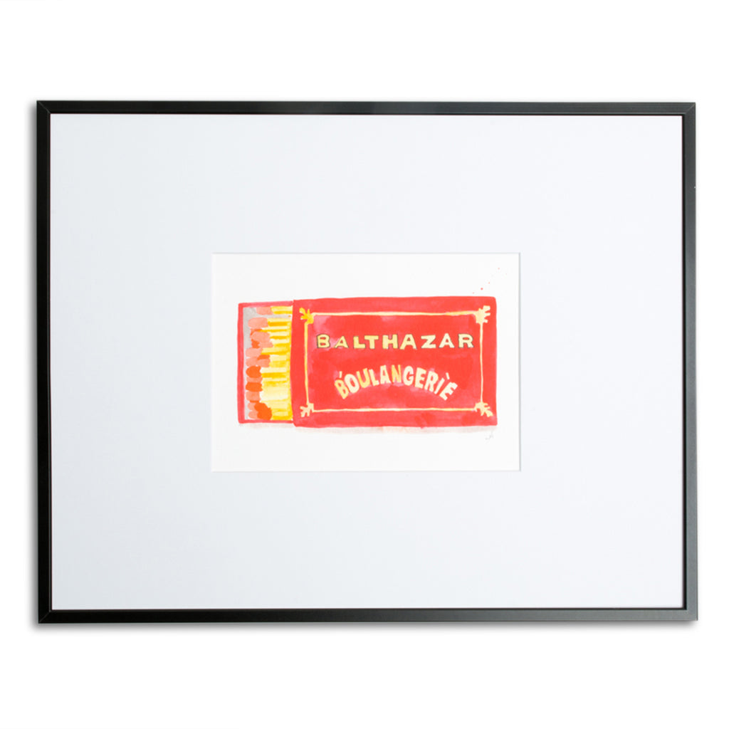 Balthazar Matchbook - Furbish Studio, Balthazar Boulangerie matchbook watercolor print that features a a red orange background design taken from the iconic French bakery, Balthazar Boulangerie in black 5x7 landscape frame 