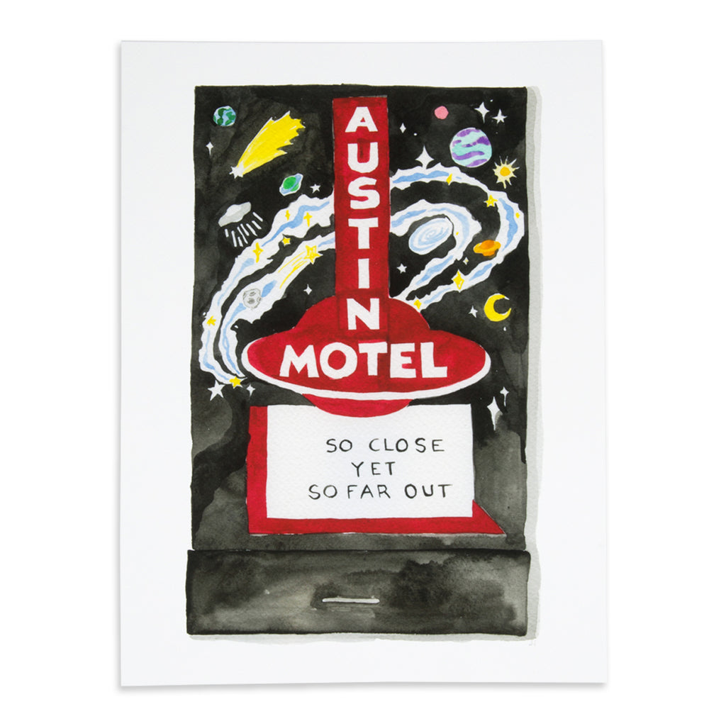 Austin Matchbook - Furbish Studio, An unframed Austin Motel matchbook watercolor print that has the Austin Motel signboard design with an outer space background