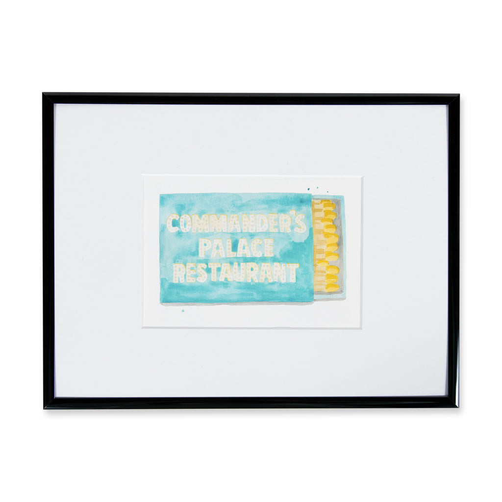 Commander's Palace Matchbook - Furbish Studio, A matchbook watercolor print showing the Commander's Palace Restaurant signboard painted on an opened matchbox positioned horizontally with yellow matches heads in a black 5x7 frame