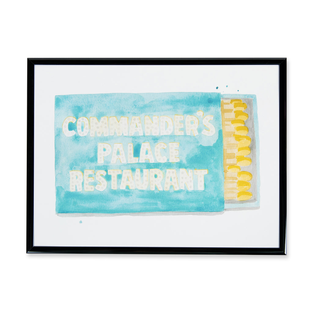 Commander's Palace Matchbook - Furbish Studio, A matchbook watercolor print showing the Commander's Palace Restaurant signboard painted on an opened matchbox positioned horizontally with yellow matches heads in a black 9x12 frame