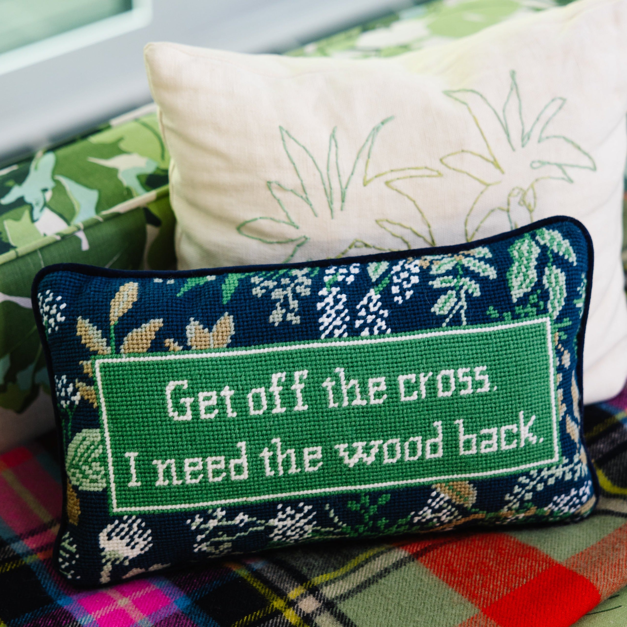 Get Off Cross Needlepoint Pillow