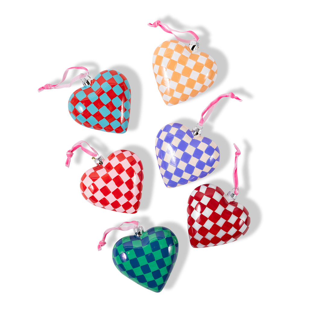 Checkered Hearts Ornaments S/6 - Furbish Studio