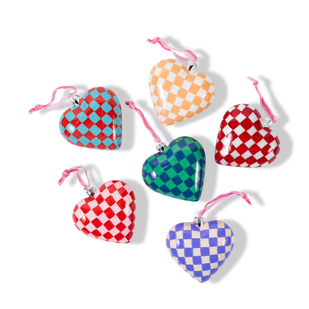 Checkered Hearts Ornaments S/6 - Furbish Studio