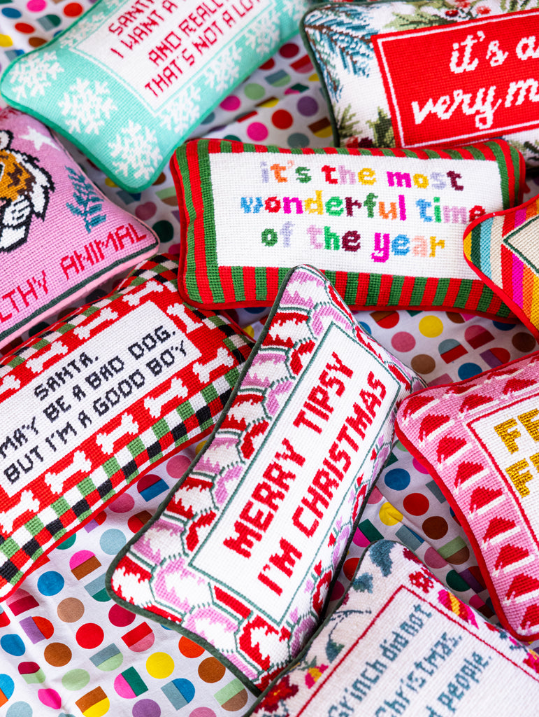 Merry Tipsy Needlepoint Pillow - Furbish Studio
