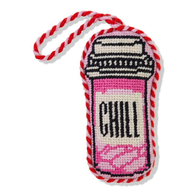 Cross-stitched bottle with 'Chill' text on a white background