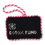 Black rectangular tag with 'Botox Fund' text and pink rope handle on a white background