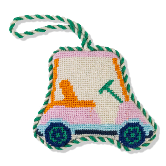 Embroidered toy car with colorful stitching on a white background