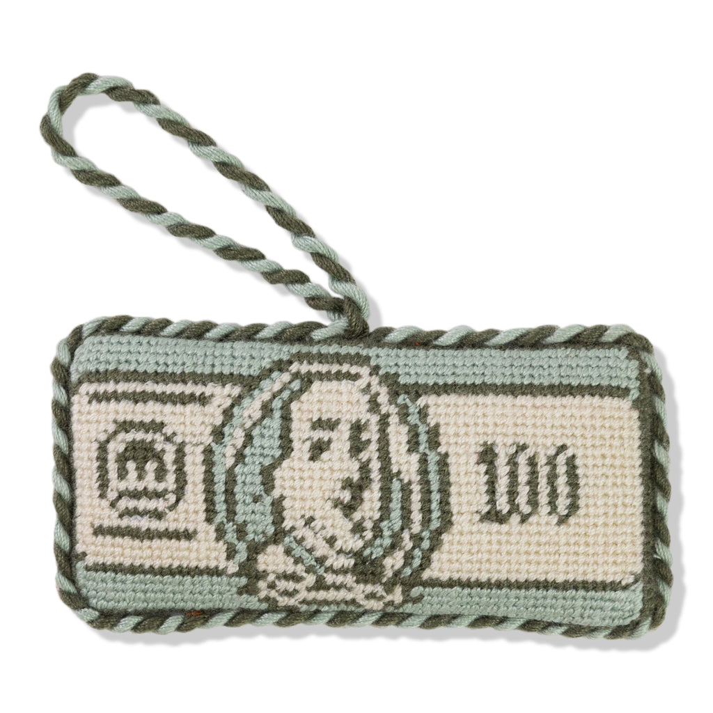 Textile product with a design of a dog and text on a white background