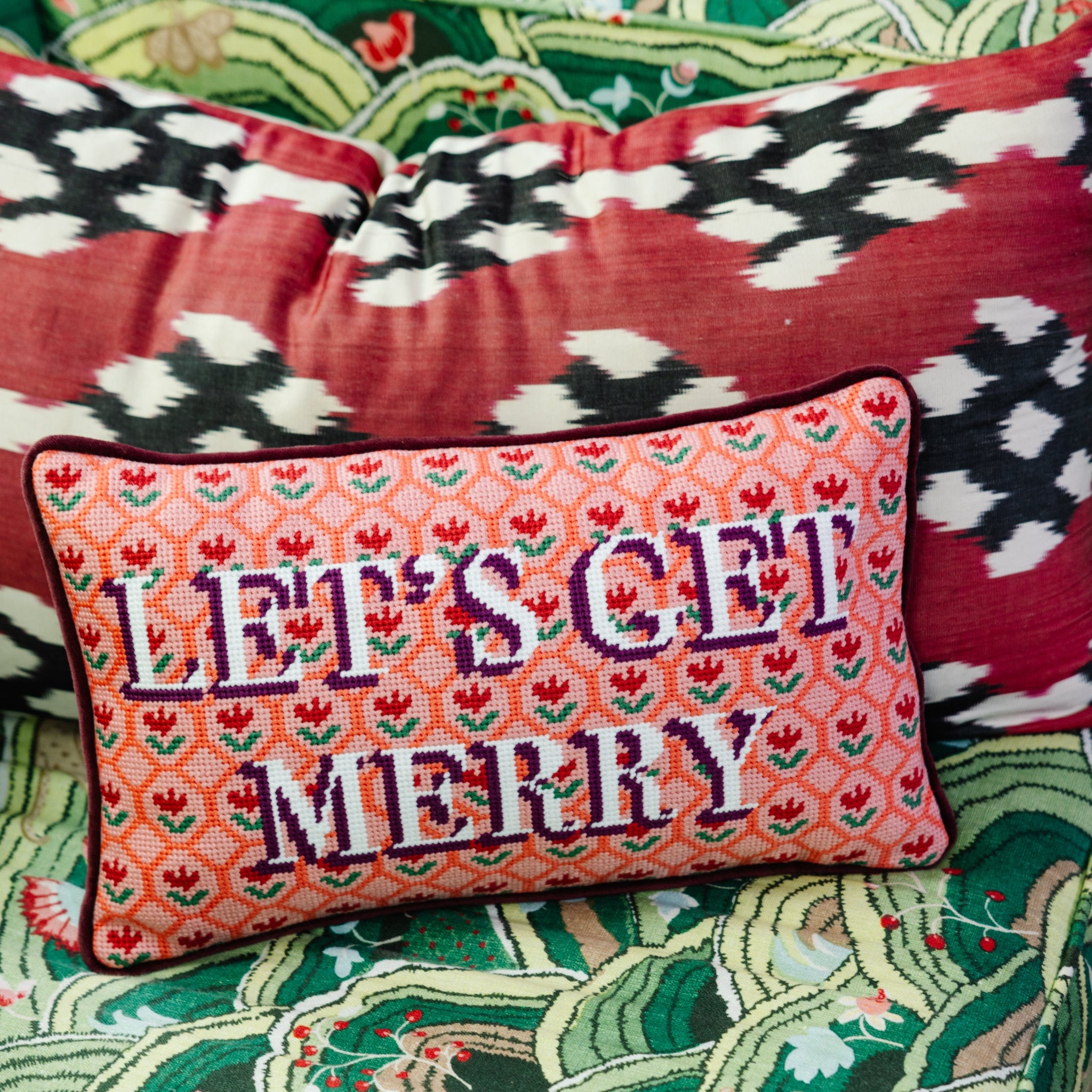 Lets Get Merry Needlepoint Pillow