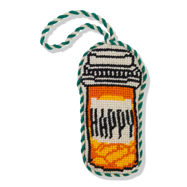 Handmade cross-stitch keychain with 'Happy' design on a white background