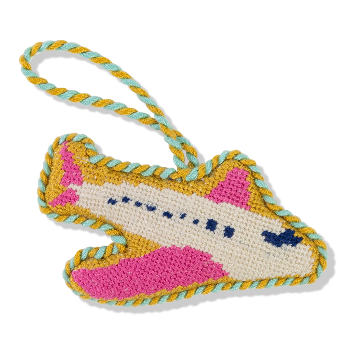 Colorful dog toy shaped like an airplane with a rope handle on a white background
