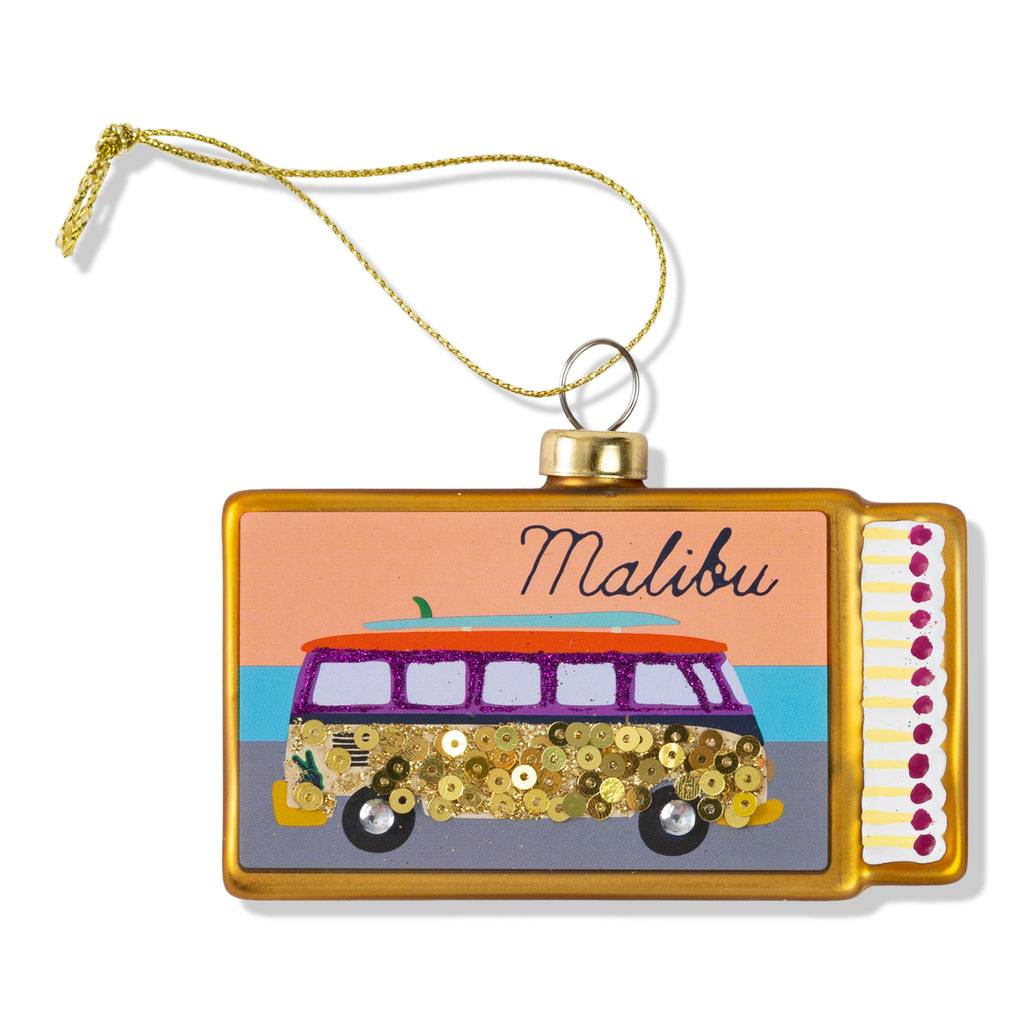 Decorative ornament with a vintage van and 'Malibu' text on a white background