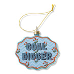 Decorative ornament with 'Goal Digger' text on a blue and orange zigzag pattern.