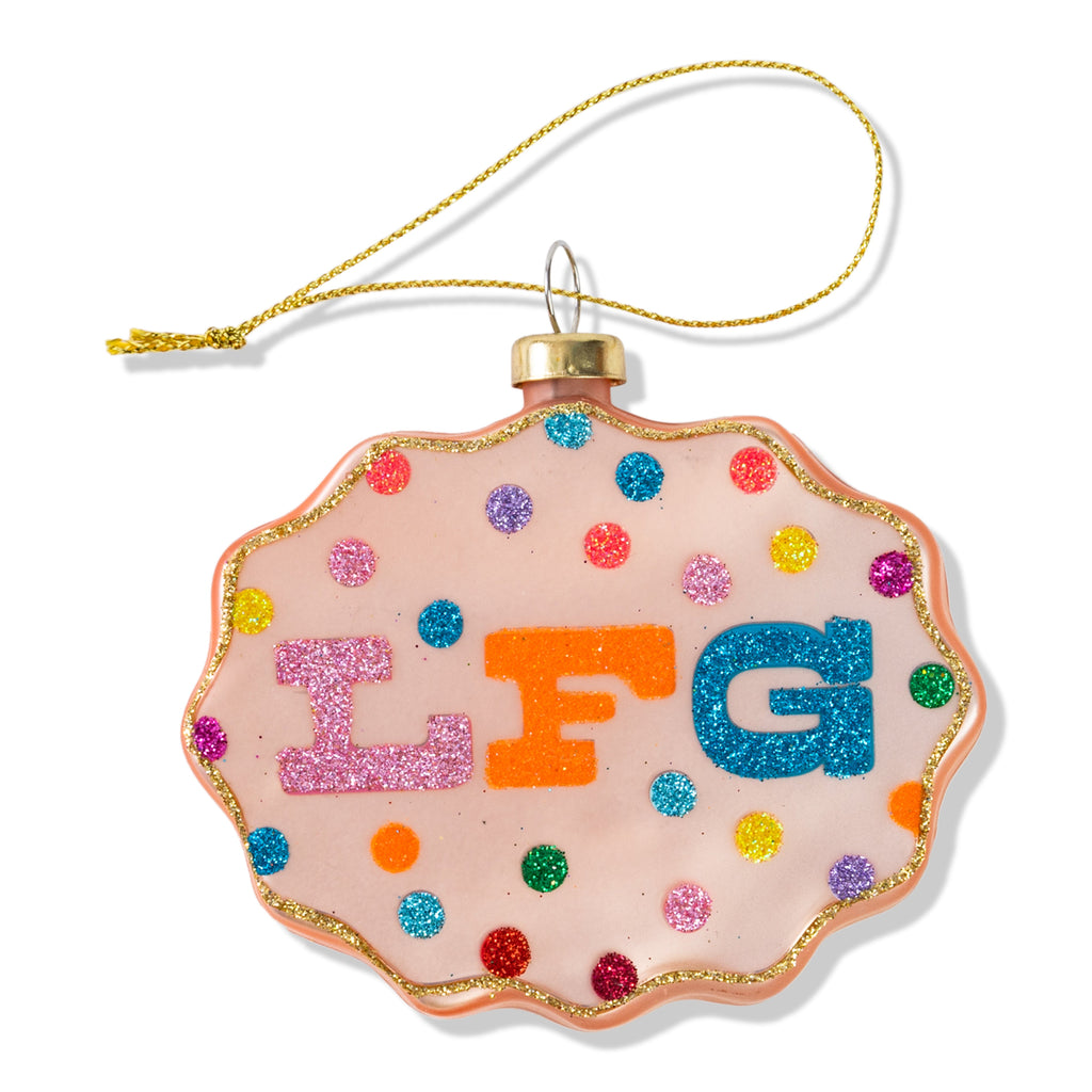 Decorative ornament with colorful letters 'LFG' on a white background