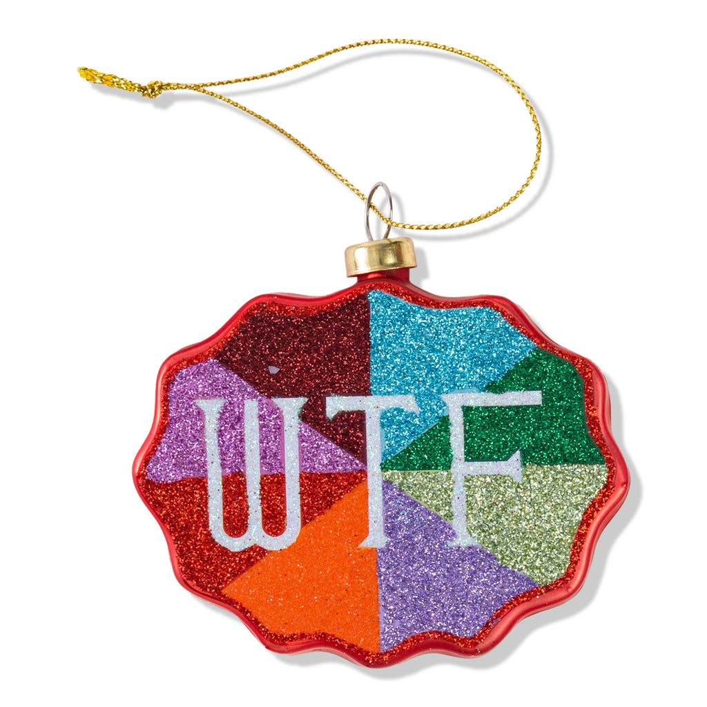 Colorful ornament with 'WTF' text on a white background