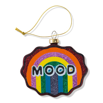 Decorative ornament with rainbow design and 'MOOD' text on a white background