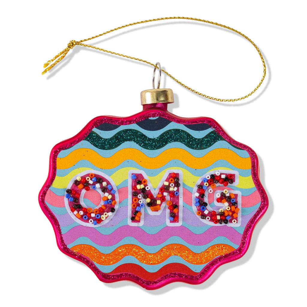 Colorful ornament with 'OMG' text on a white background