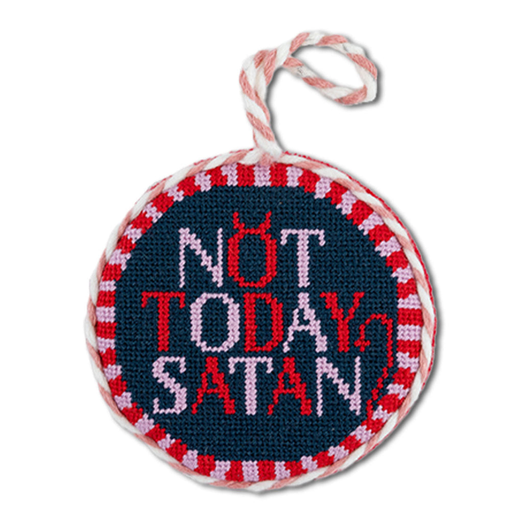 Round needlepoint ornament with 'Not Today Satan' text on a white background