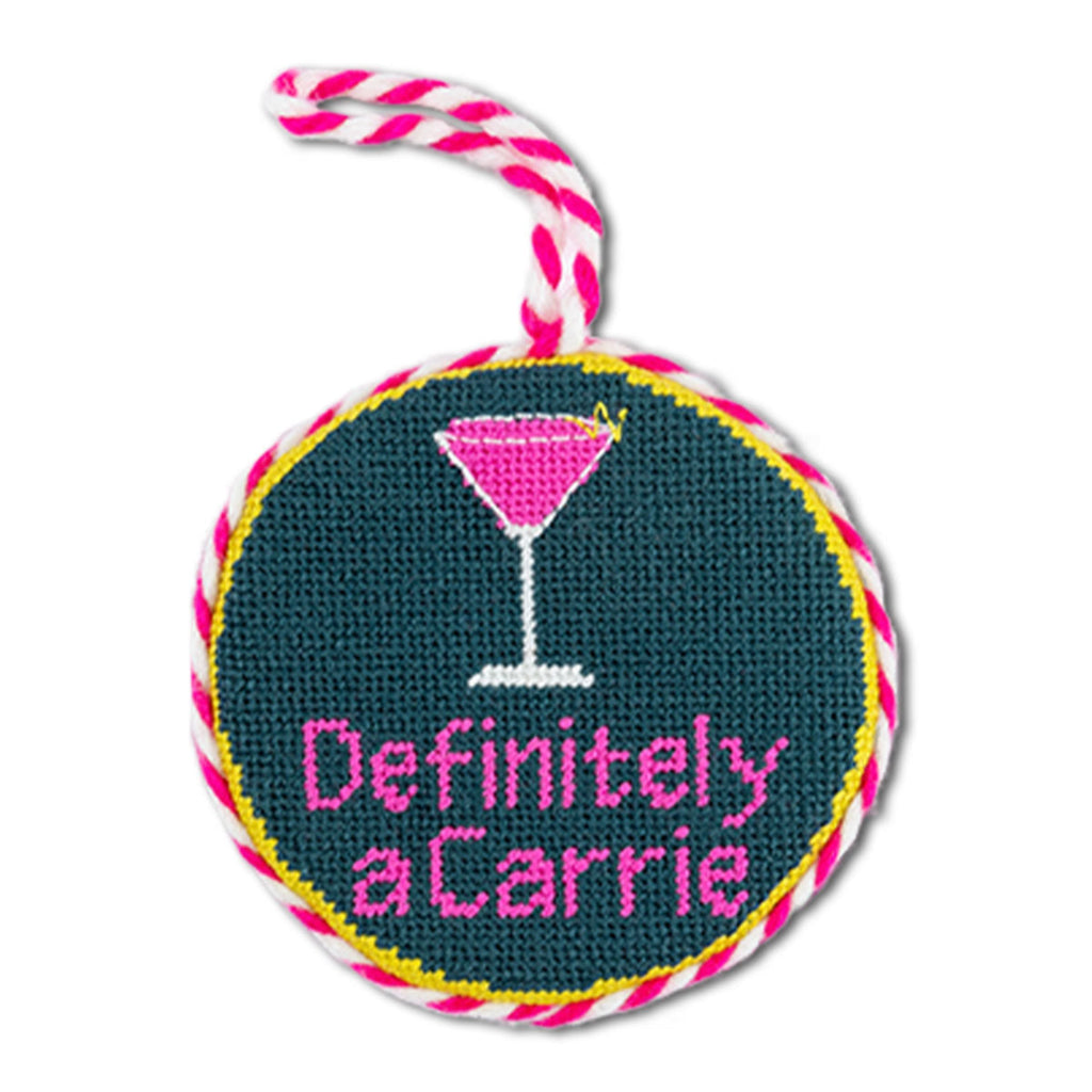 Circular embroidered patch with a martini glass and text 'Definitely a Carrie' on a white background.