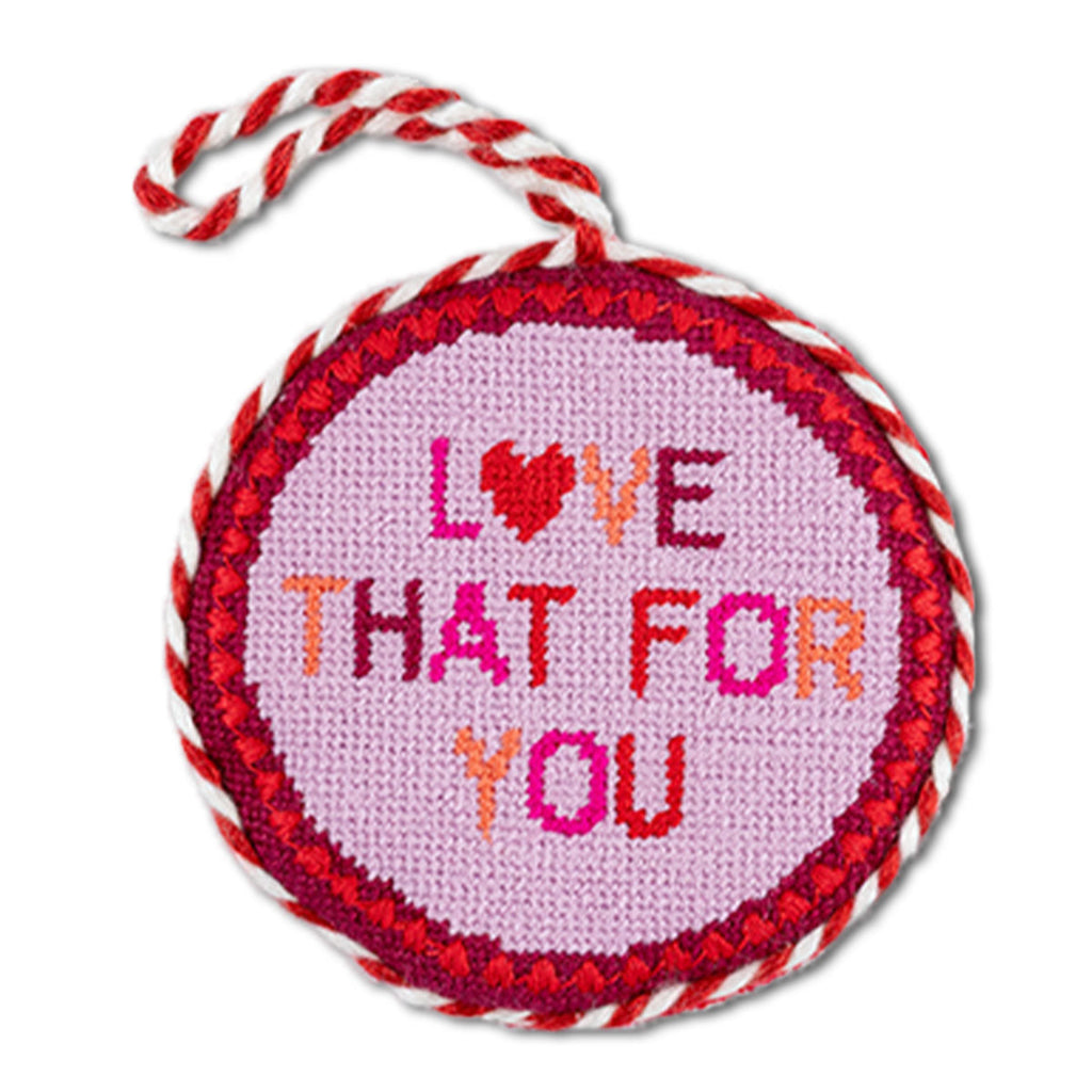 Round embroidered ornament with 'Love That For You' text on a white background
