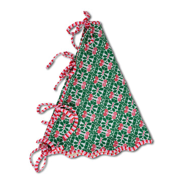 Green dress with red floral pattern and white trim on a white background