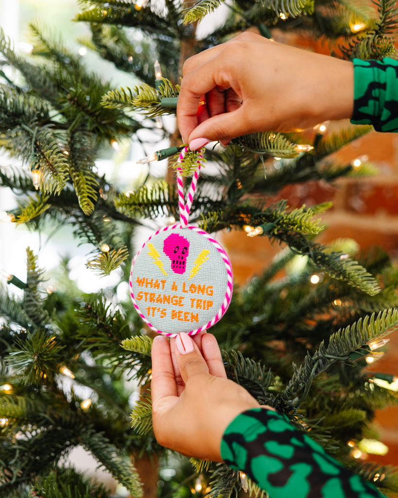 Person holding a Christmas ornament with text and design on a decorated tree.