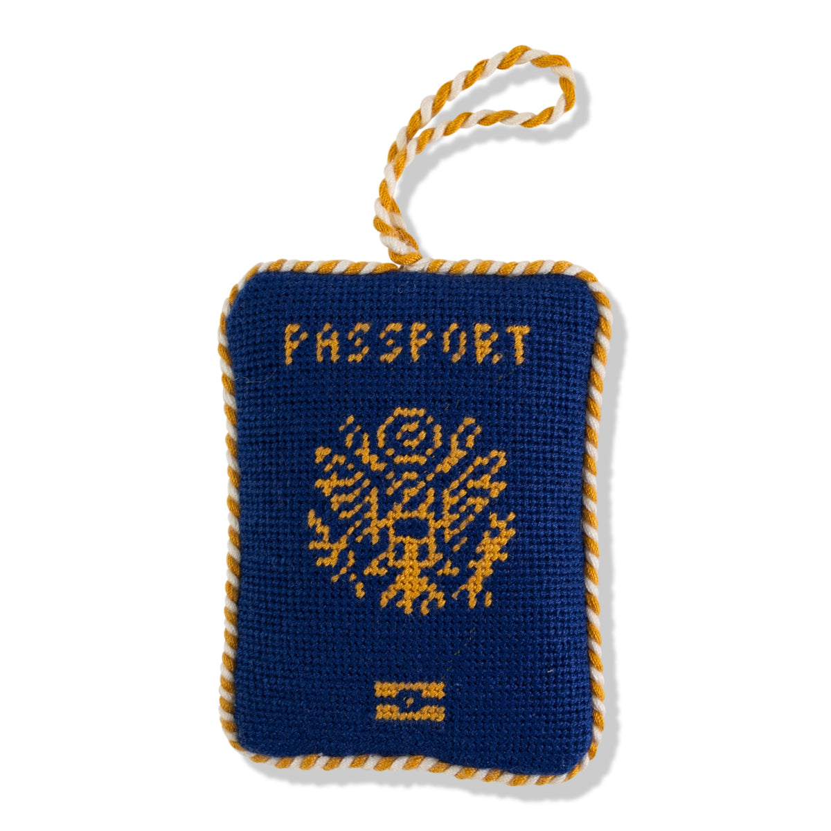 Blue and yellow passport-shaped toy with a rope handle on a white background