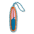 Colorful knitted keychain with a design on a white background