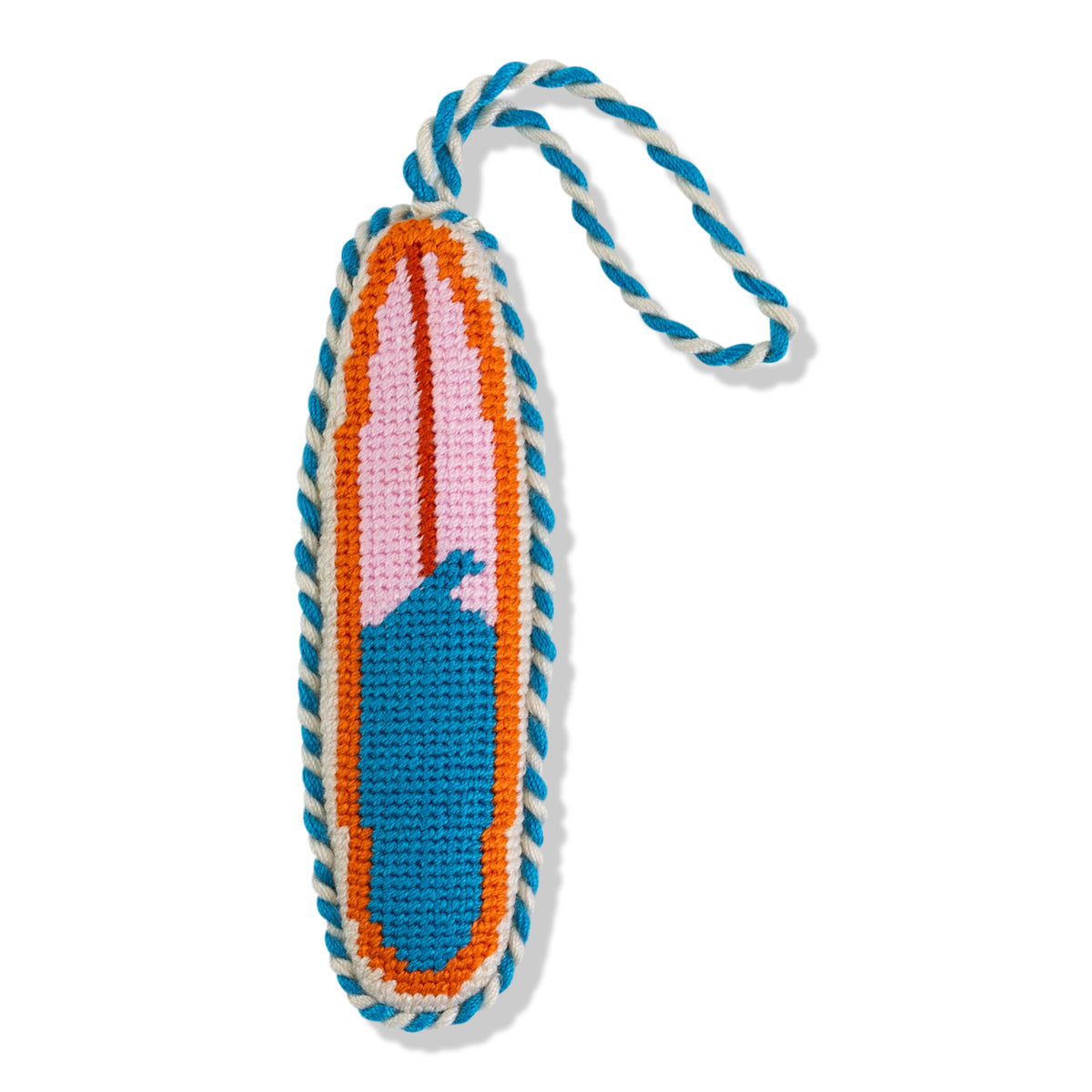 Colorful knitted keychain with a design on a white background
