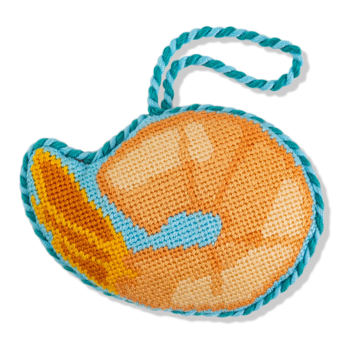 Dog toy with orange and blue pattern on a white background