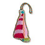 Colorful knitted dog toy with a striped pattern on a white background