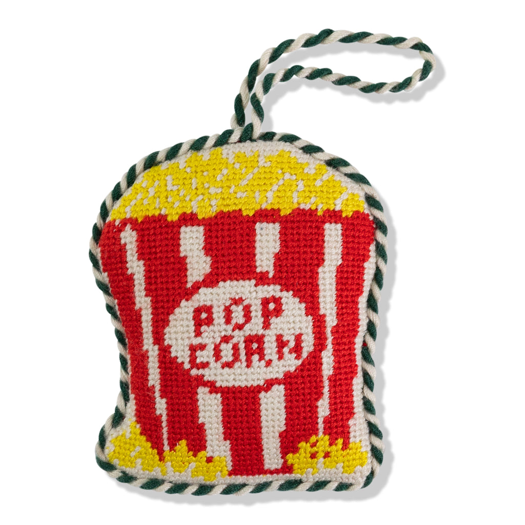 Decorative popcorn bucket ornament with 'Pop Corn' text on a white background