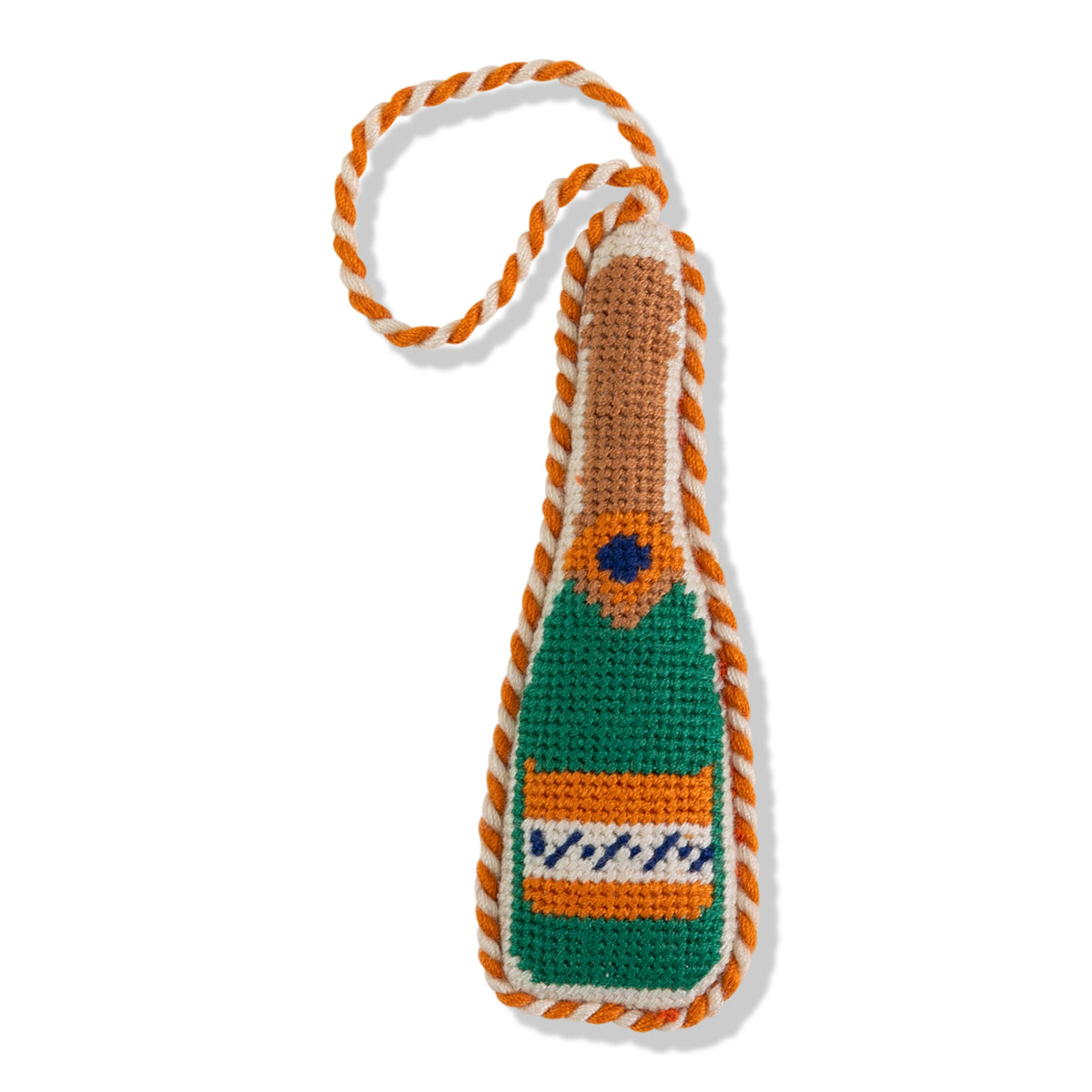 Crocheted champagne bottle toy with orange and white rope handle on a white background