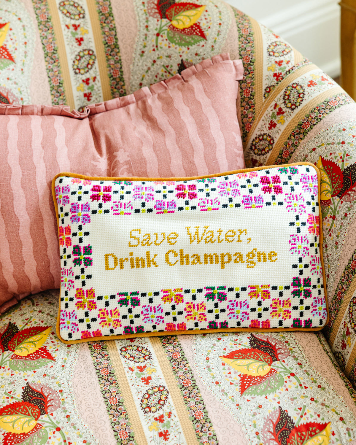 Drink Champagne Needlepoint Pillow - Furbish Studio