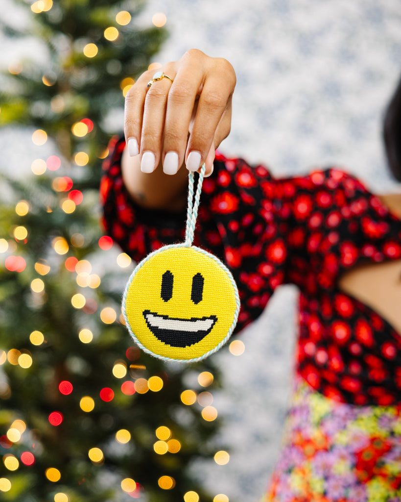 Needlepoint Icon Ornament - Smiley Face Emoji - Furbish Studio