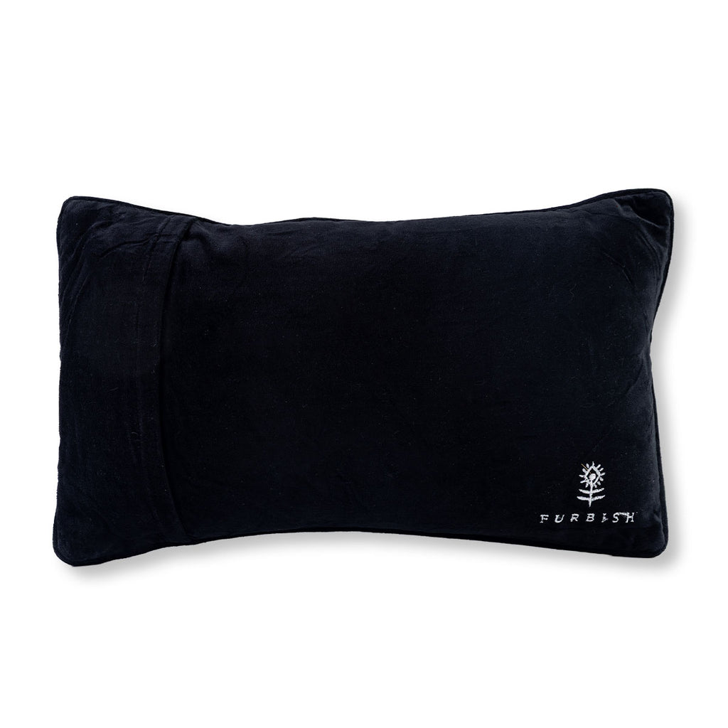Black pillow with a Furbish logo on a white background