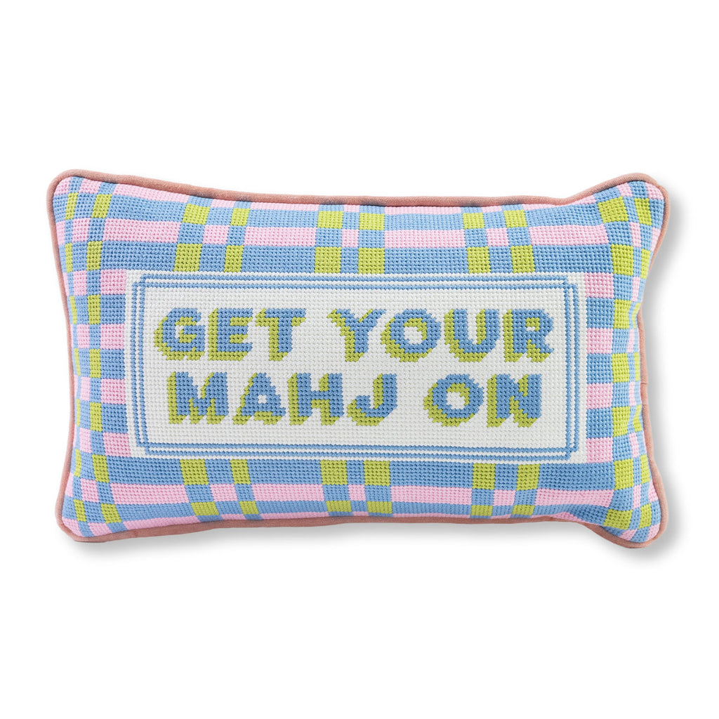 Decorative pillow with checkered pattern and text 'Get Your Mahj On' on a white background