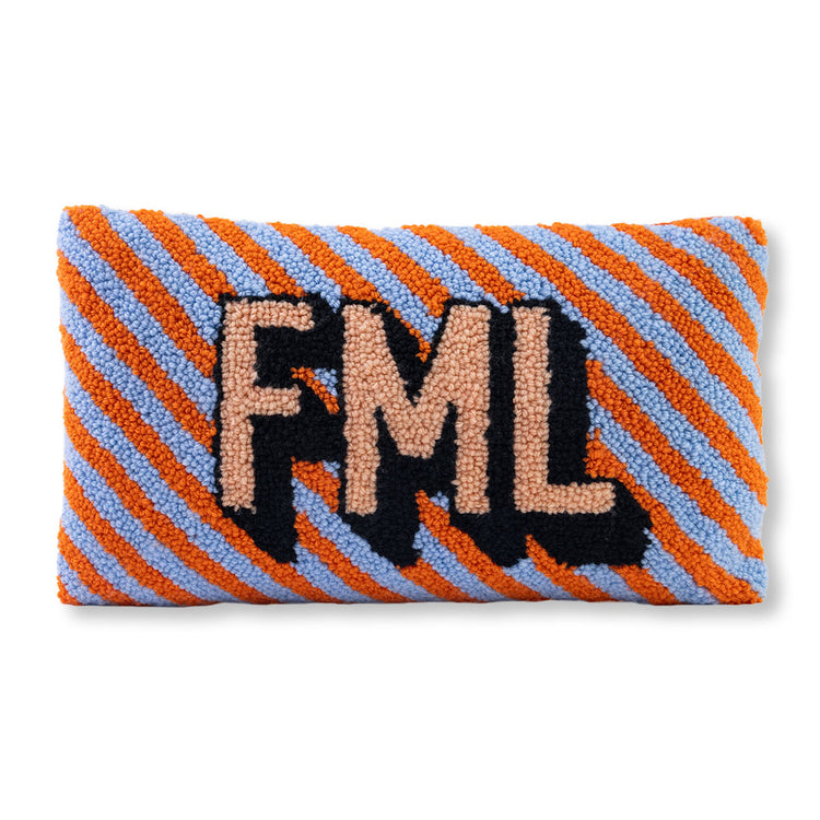 Striped pouch with 'FML' text on a white background